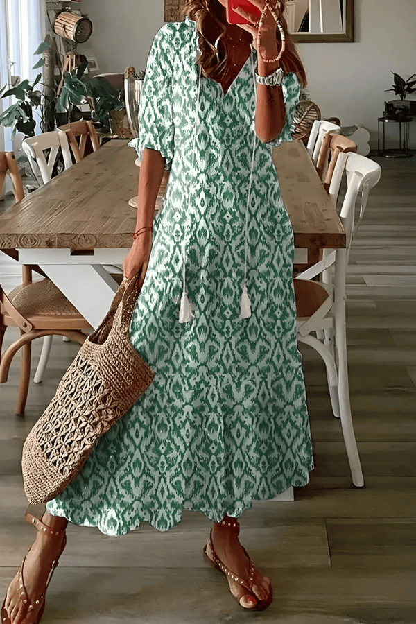 V Neck Maxi Dress Half Sleeve Printed Pattern