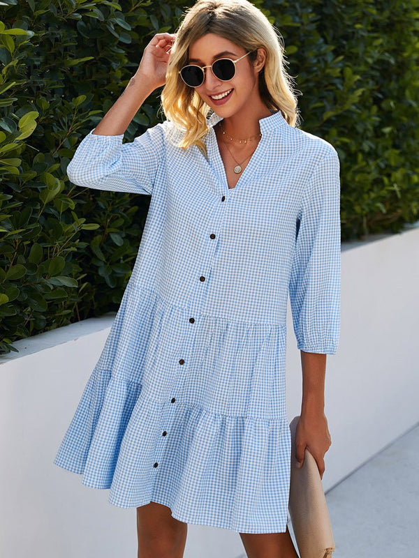 Button Front Mini Dress Three Quarter Sleeve Checked Pattern