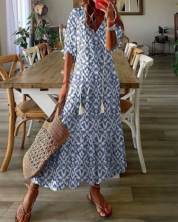 V Neck Maxi Dress Half Sleeve Printed Pattern