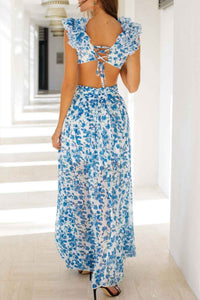 FloralVNeckRuffledCutoutBacklessDress-Pink