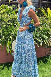 FloralVNeckRuffledCutoutBacklessDress-Pink
