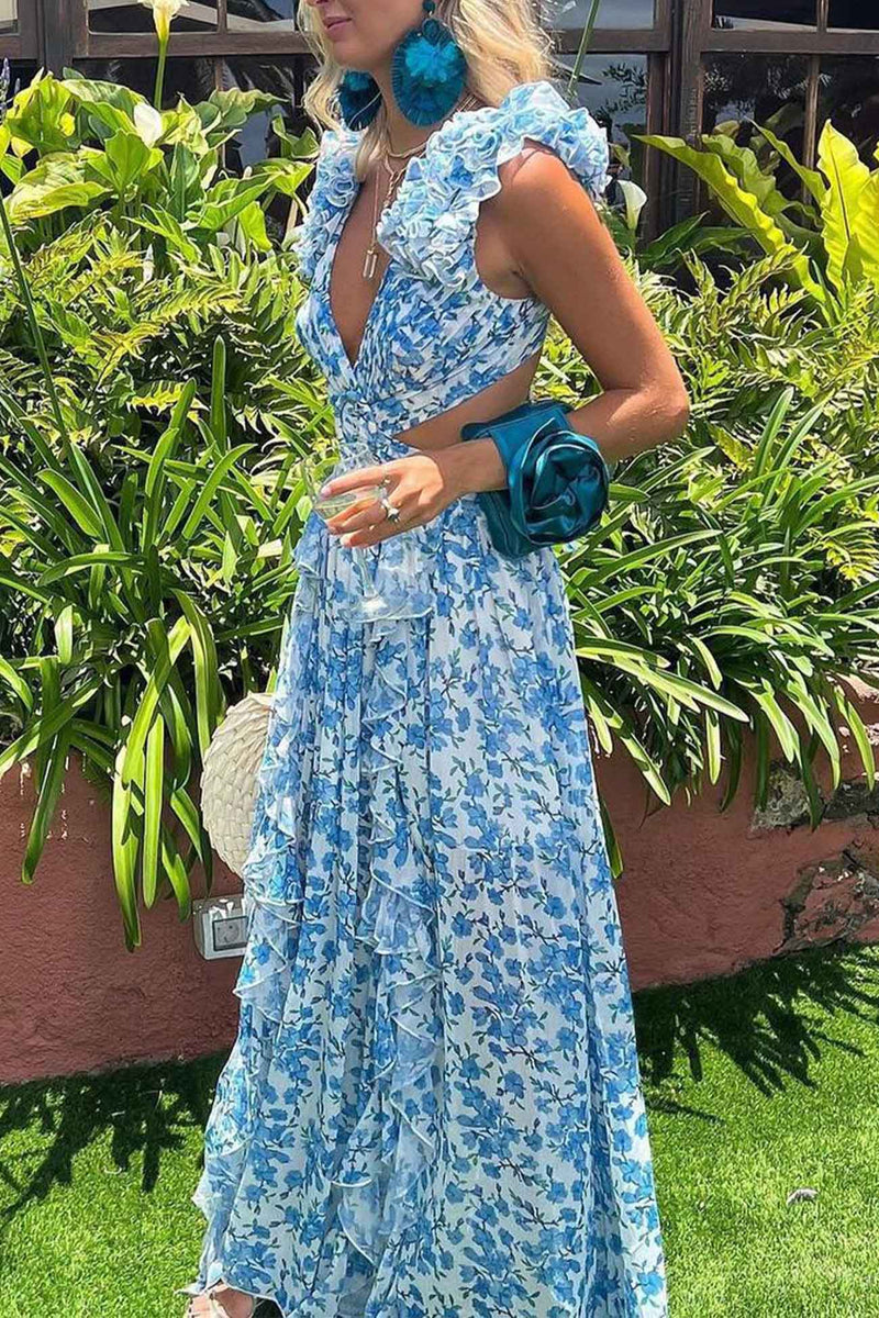 FloralVNeckRuffledCutoutBacklessDress-Pink
