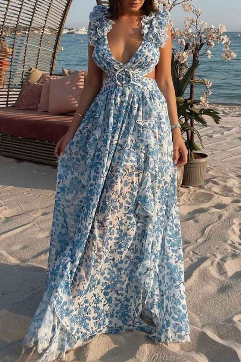 FloralVNeckRuffledCutoutBacklessDress-Pink