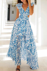 FloralVNeckRuffledCutoutBacklessDress-Pink