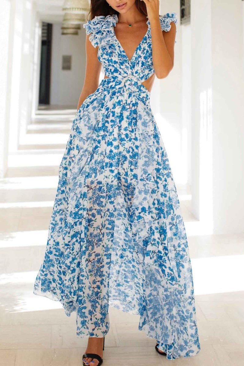 FloralVNeckRuffledCutoutBacklessDress-Pink