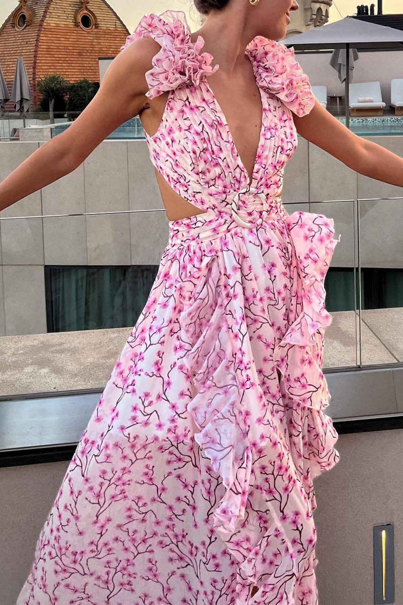 FloralVNeckRuffledCutoutBacklessDress-Pink
