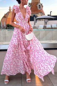 FloralVNeckRuffledCutoutBacklessDress-Pink