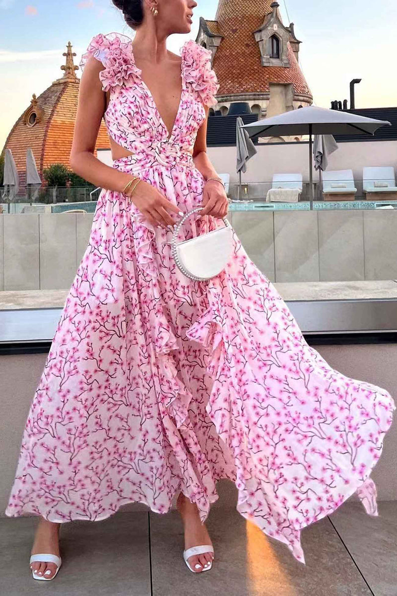 FloralVNeckRuffledCutoutBacklessDress-Pink