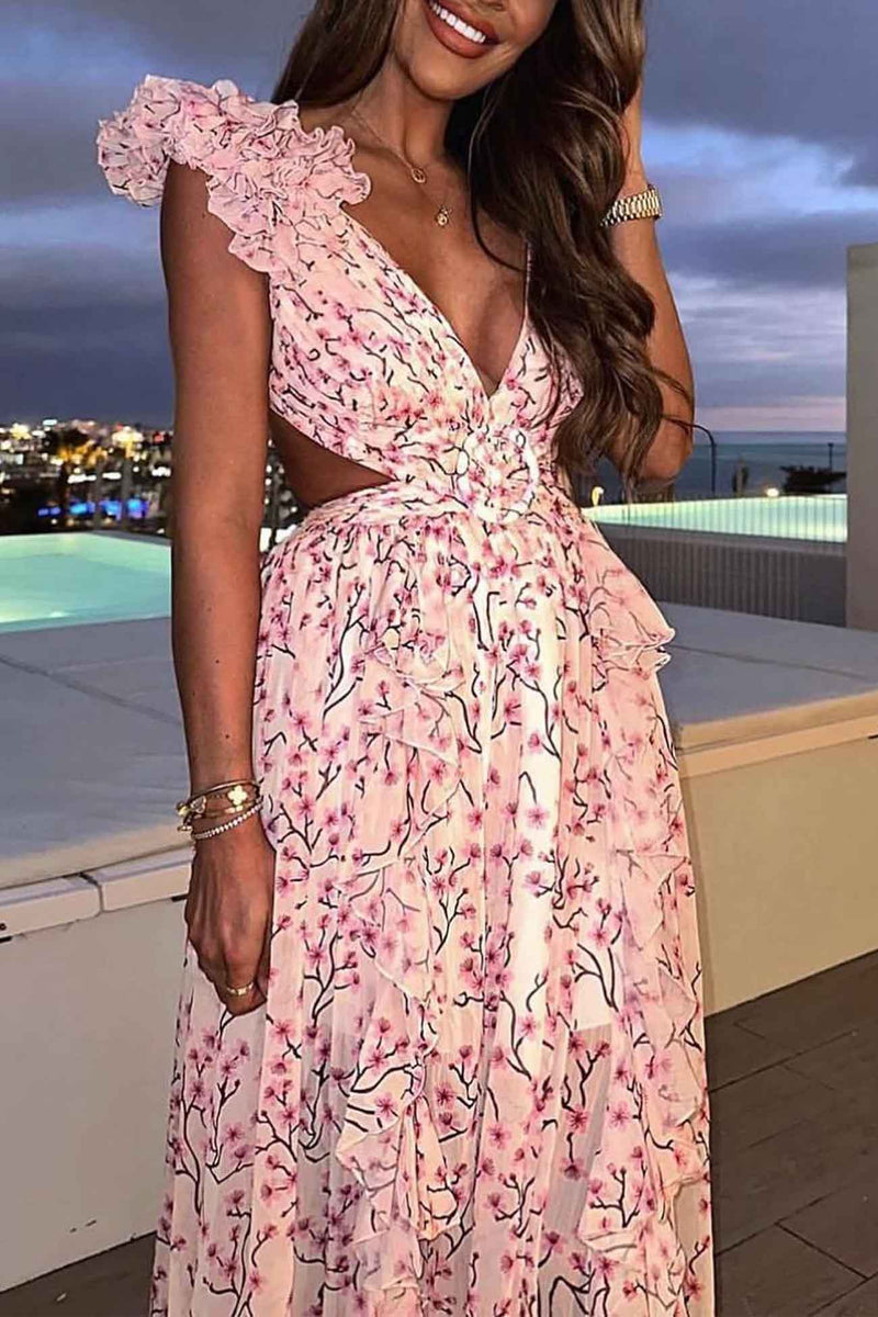 FloralVNeckRuffledCutoutBacklessDress-Pink