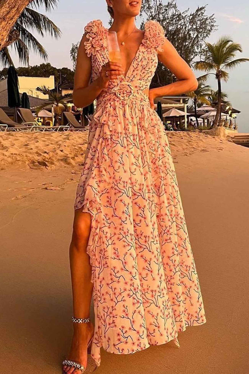 FloralVNeckRuffledCutoutBacklessDress-Pink