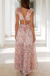 FloralVNeckRuffledCutoutBacklessDress-Pink