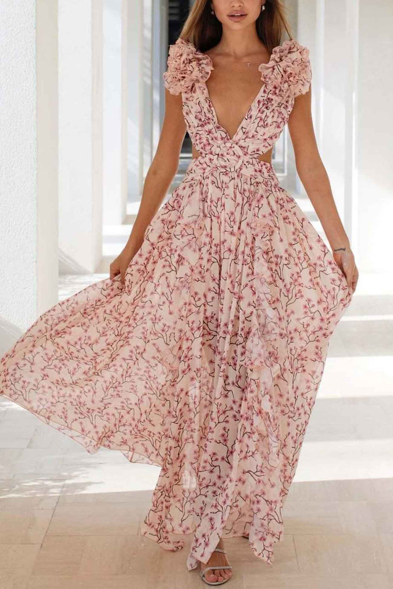 FloralVNeckRuffledCutoutBacklessDress-Pink