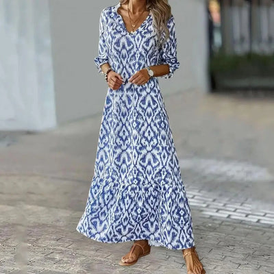 Long-Sleeve-V-Neck-Maxi-Dress-Geometric-Print