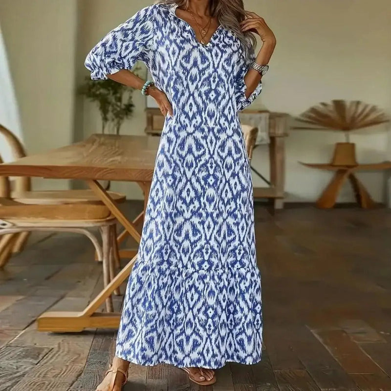 Long-Sleeve-V-Neck-Maxi-Dress-Geometric-Print
