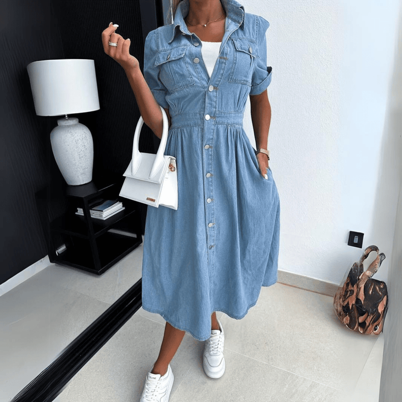 Short-Sleeve-Button-Down-Denim-Shirt-Midi-Dress-Noosa