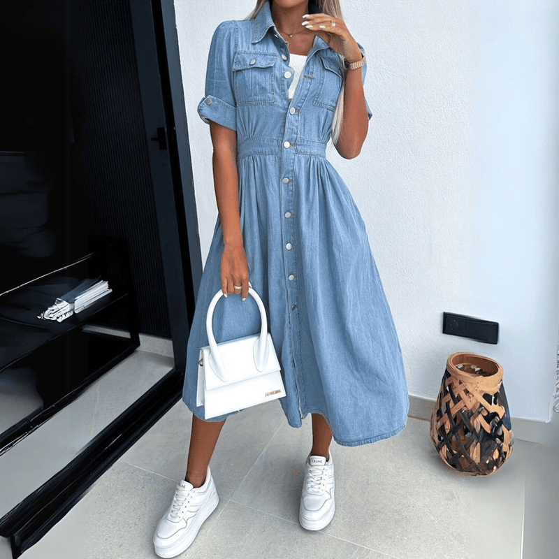 Short-Sleeve-Button-Down-Denim-Shirt-Midi-Dress-Noosa