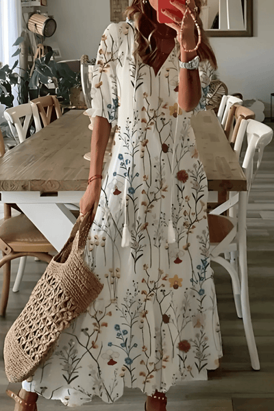 Three-Quarter-Sleeve-V-Neck-Maxi-Dress-Floral-Print-Tassel-Tie-Noosa