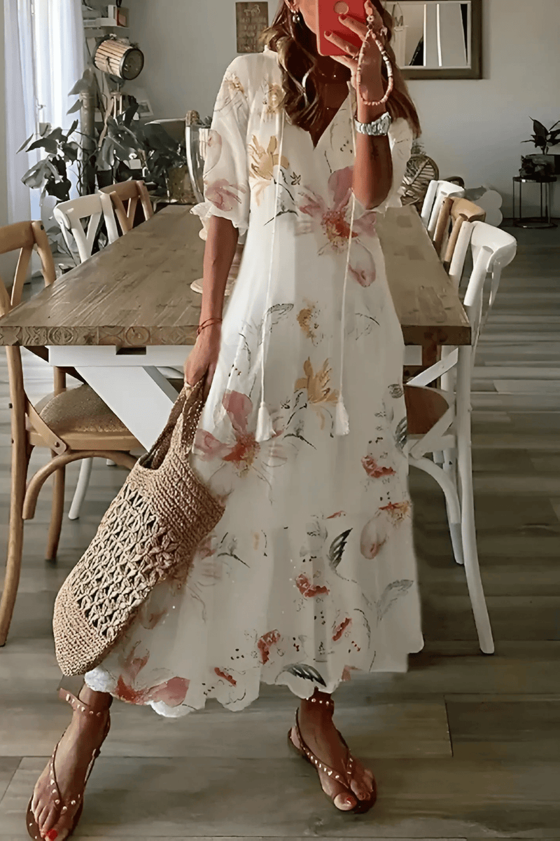 Three-Quarter-Sleeve-V-Neck-Maxi-Dress-Floral-Print-Tassel-Tie-Noosa
