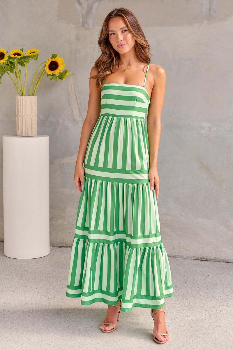 Striped Maxi Dress with Tiered Layers and Spaghetti Straps