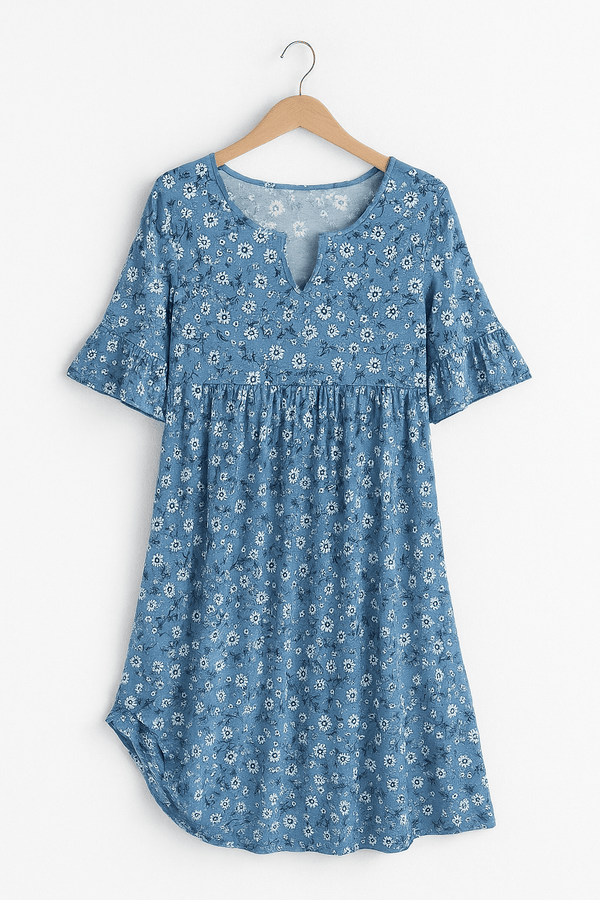 Half Sleeve Round Neck A Line Knee Length Floral Dress