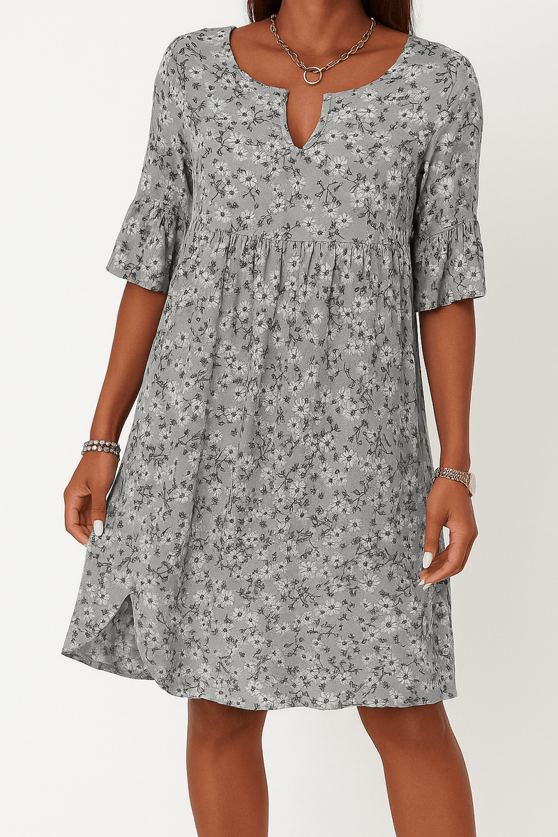 Half Sleeve Round Neck A Line Knee Length Floral Dress