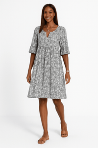 Half Sleeve Round Neck A Line Knee Length Floral Dress