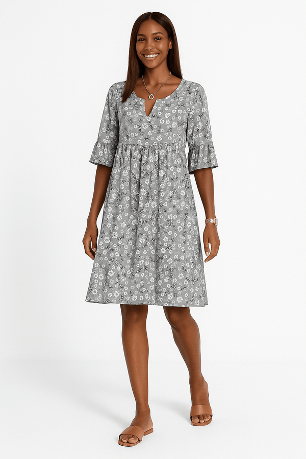 Half Sleeve Round Neck A Line Knee Length Floral Dress