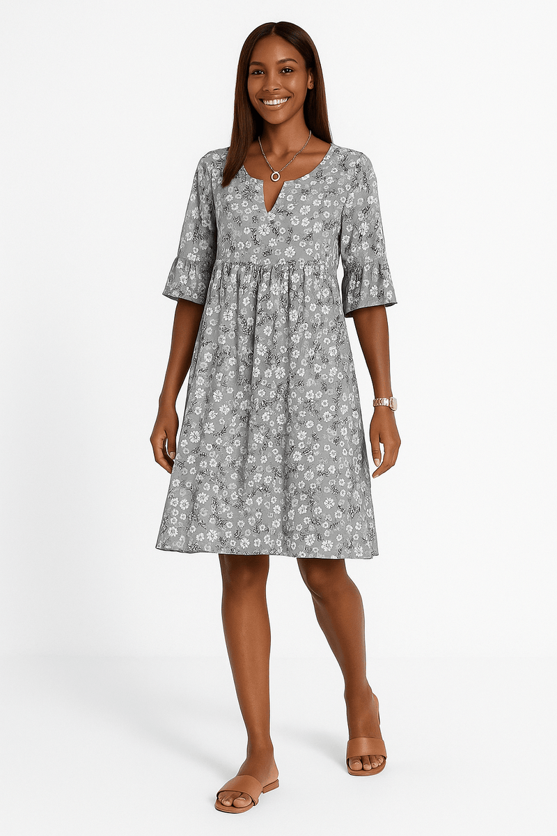 Half Sleeve Round Neck A Line Knee Length Floral Dress
