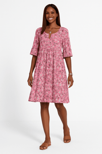 Half Sleeve Round Neck A Line Knee Length Floral Dress