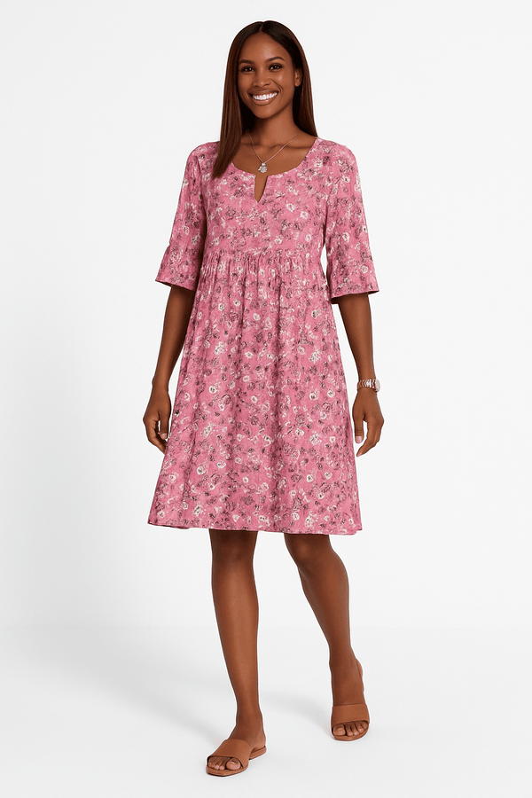 Half Sleeve Round Neck A Line Knee Length Floral Dress