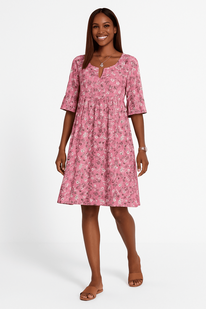 Half Sleeve Round Neck A Line Knee Length Floral Dress