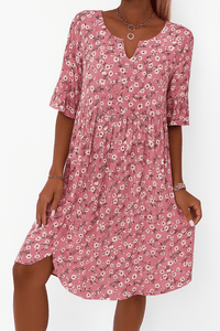 Half Sleeve Round Neck A Line Knee Length Floral Dress