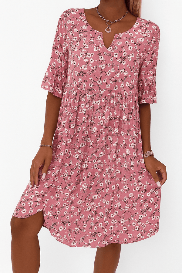 Half Sleeve Round Neck A Line Knee Length Floral Dress
