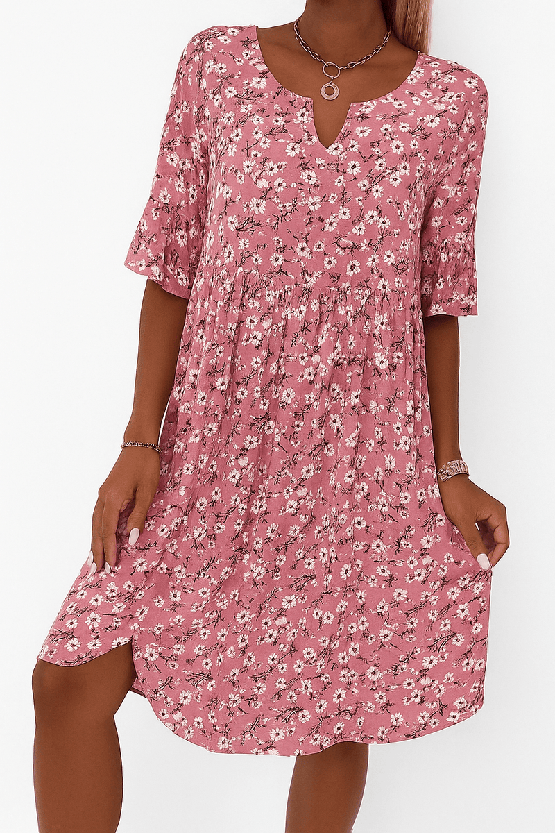 Half Sleeve Round Neck A Line Knee Length Floral Dress