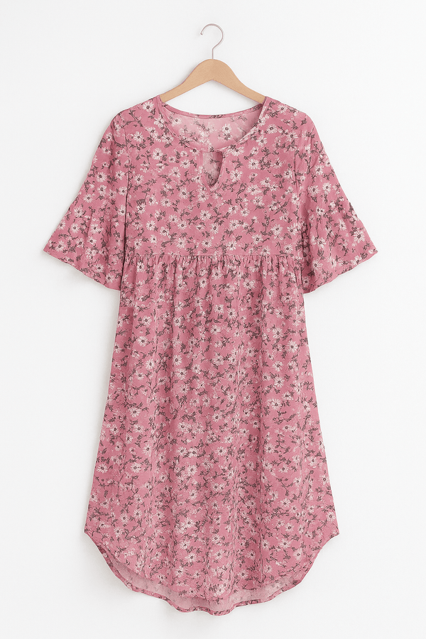Half Sleeve Round Neck A Line Knee Length Floral Dress