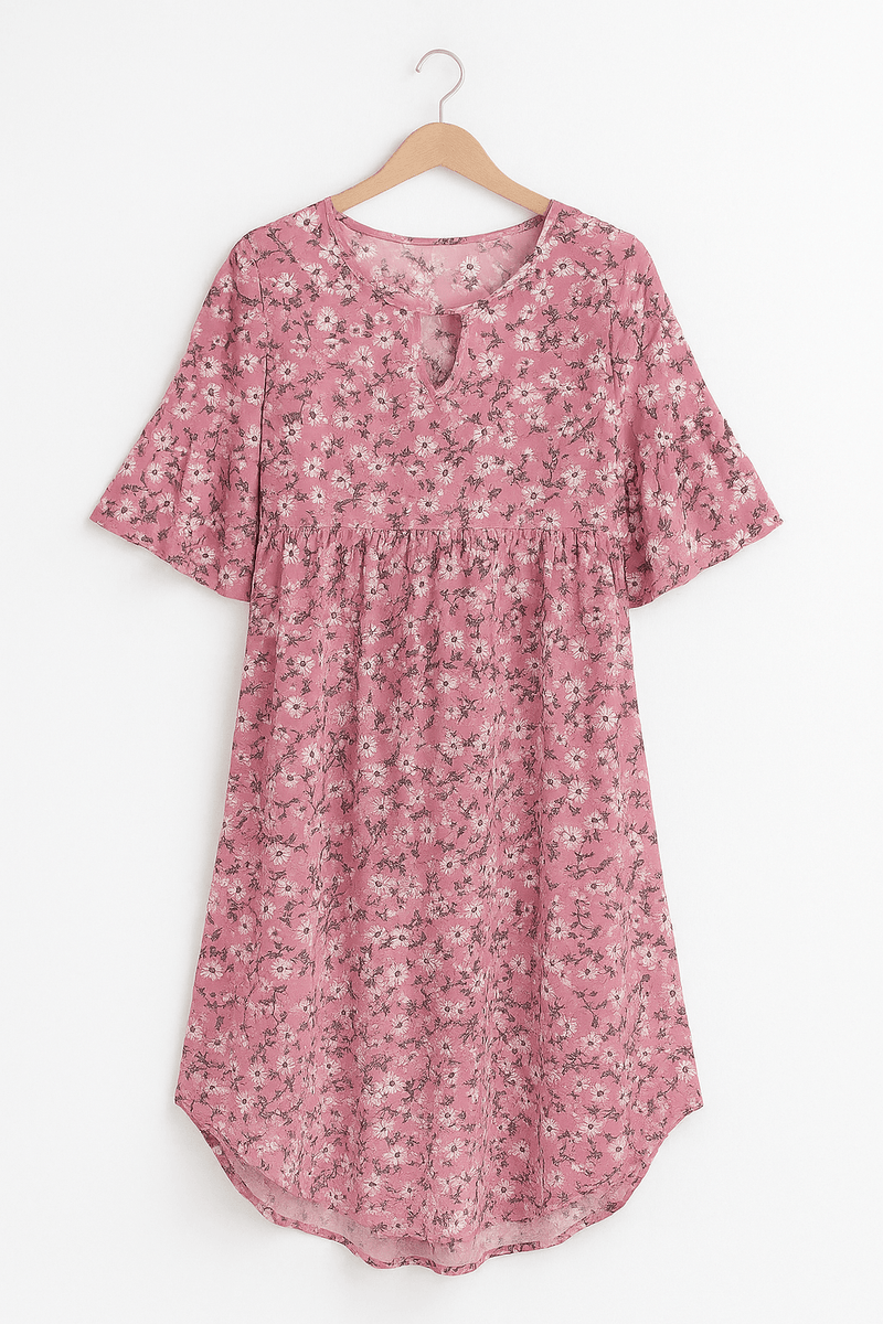 Half Sleeve Round Neck A Line Knee Length Floral Dress