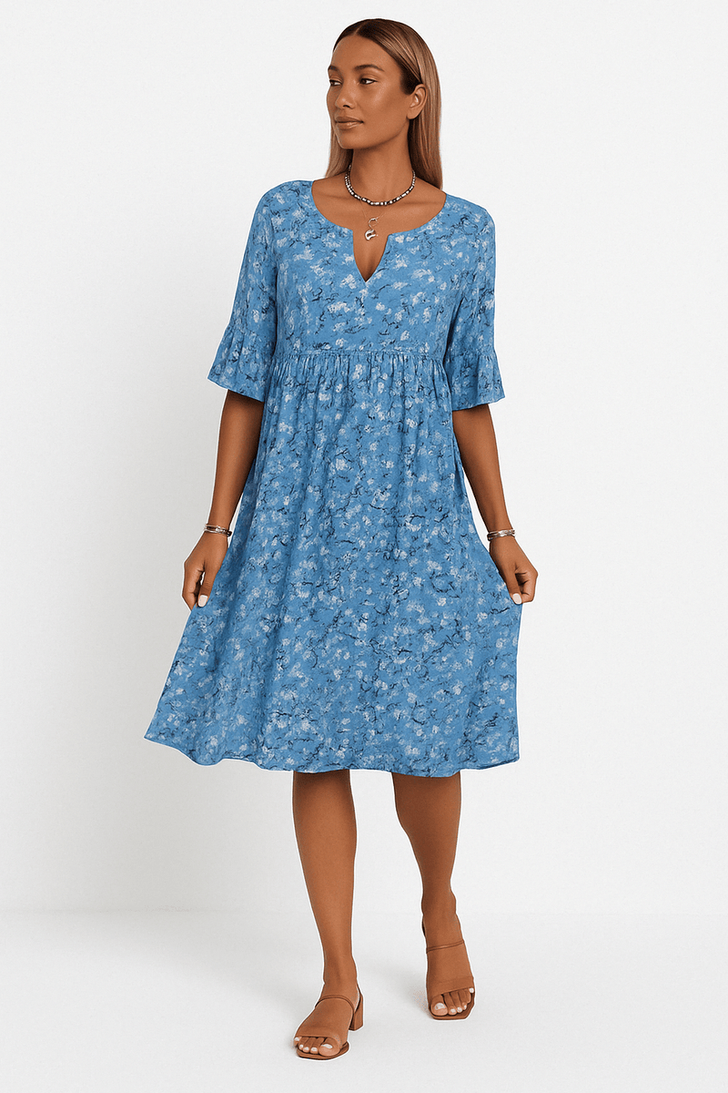 Half Sleeve Round Neck A Line Knee Length Floral Dress