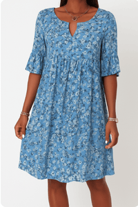 Half Sleeve Round Neck A Line Knee Length Floral Dress