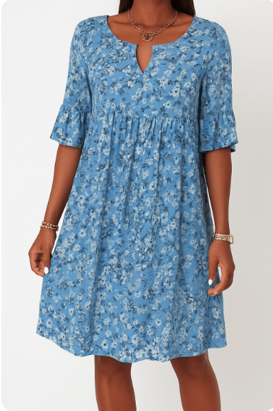 Half Sleeve Round Neck A Line Knee Length Floral Dress