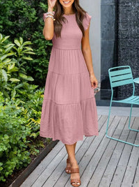 Short Sleeve Tiered Midi Dress Summer Wear