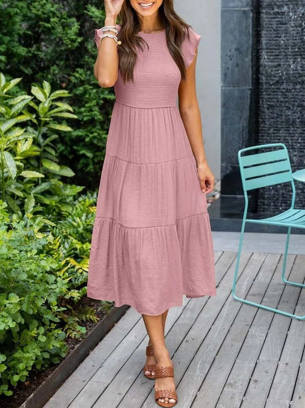 Short Sleeve Tiered Midi Dress Summer Wear