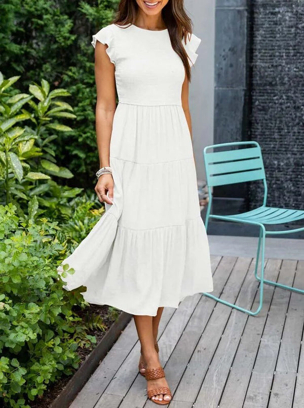 Short Sleeve Tiered Midi Dress Summer Wear
